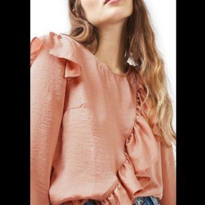 Top shop pink crinkled blouse with ruffles, small size